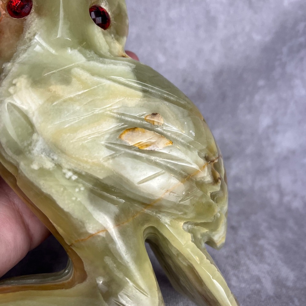 Vtg Owl Decor Green Onyx Carved Figurine Sculpture Red Ruby Eyes Art Paperweight - Picture 8 of 8